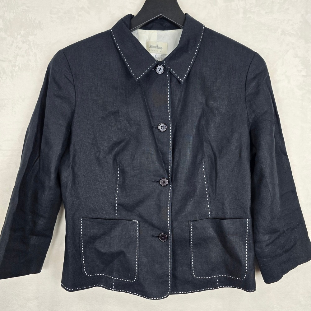 Neiman Marcus black 100% Linen Pick Stitch Blazer Jacket Womens 8 3/4 Sleeve